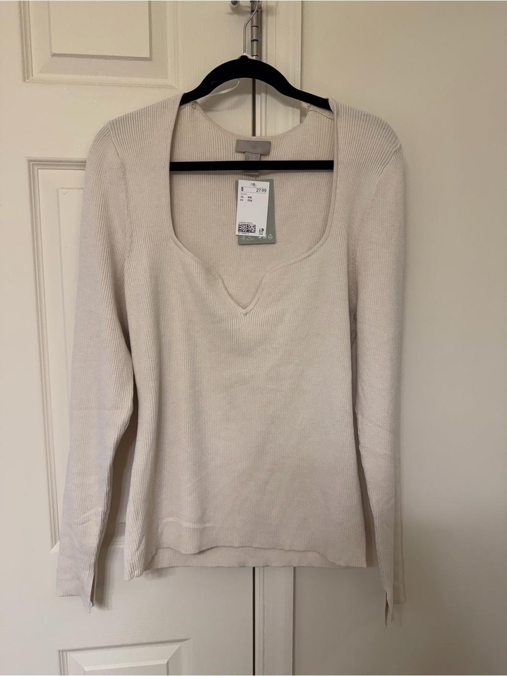 H&M Ribbed Cream Scoop Neck Long Sleeve Top